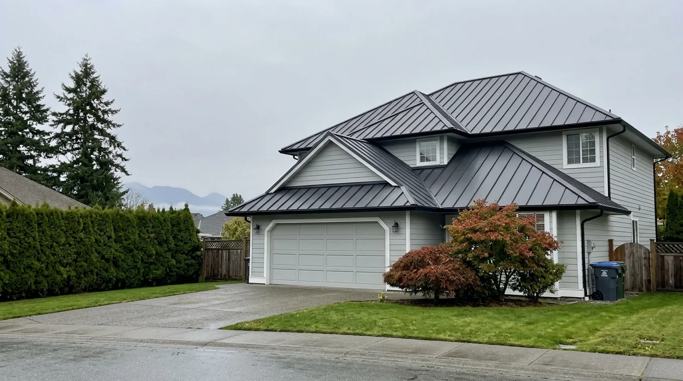 Two-storey house in a Fraser Valley suburb with a new charcoal standing seam metal roof on an overcast day